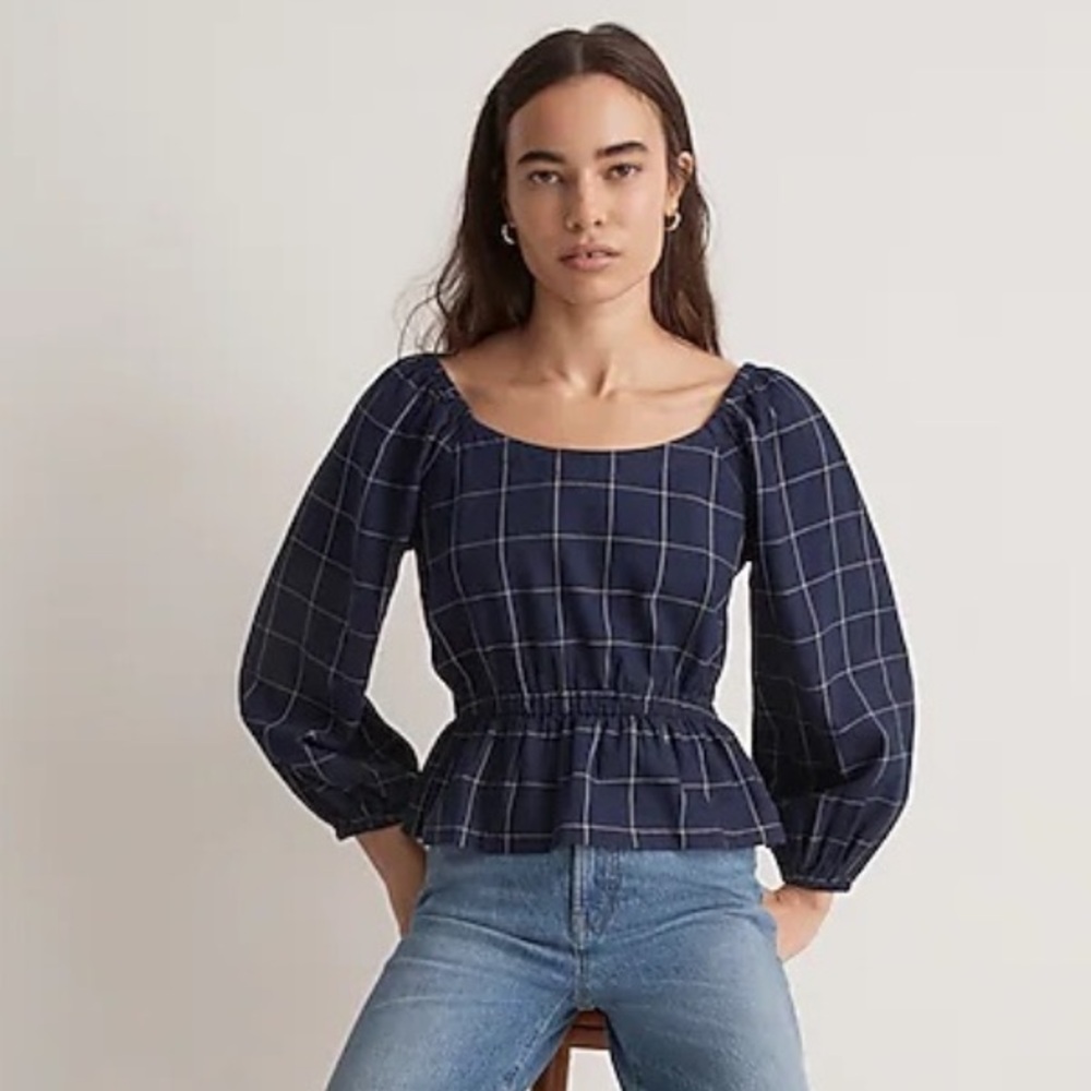 Madewell Blue Plaid Blouse Size M 100% Cotton
